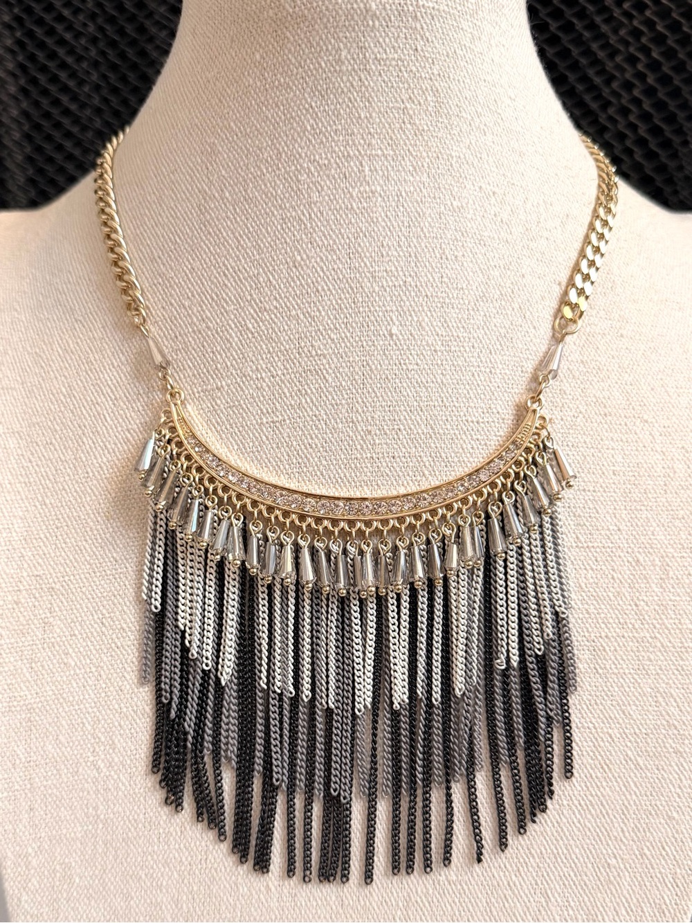Taramanda Crystal Fringe Necklace Earrings Set Mixed Metal Statement